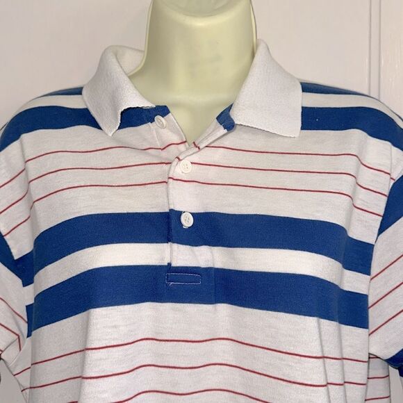Vintage 70s/80s Hands Off Red, White & Blue Striped Polo Shirt/Ribbed Fitted Hem - Picture 2 of 8